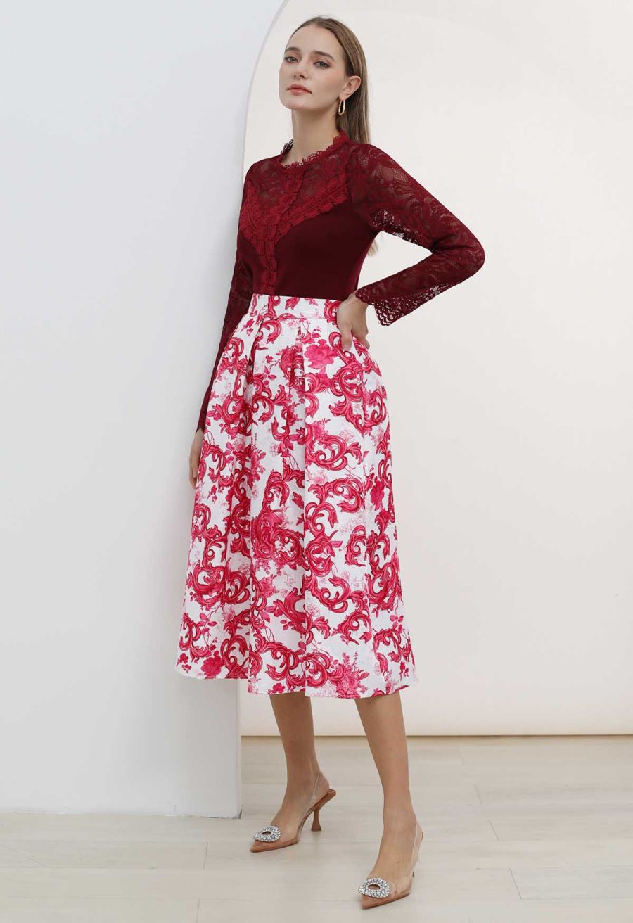 Vibrant Red Blossom Jacquard Pleated Midi Skirt