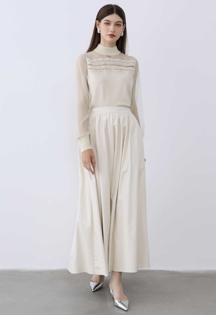 Flock Dots Mesh Spliced Knit Top in Cream