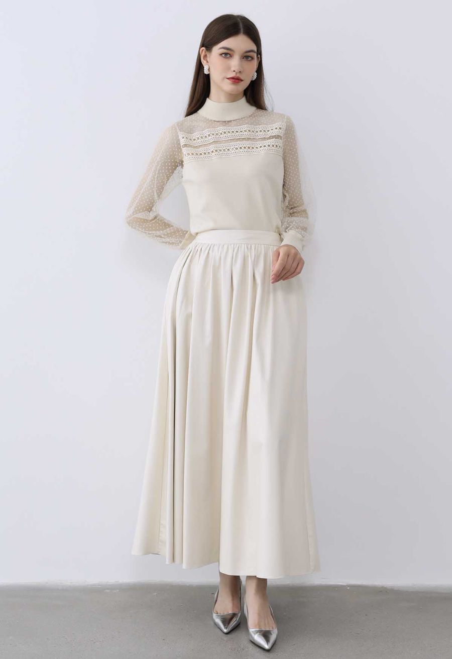 Flock Dots Mesh Spliced Knit Top in Cream