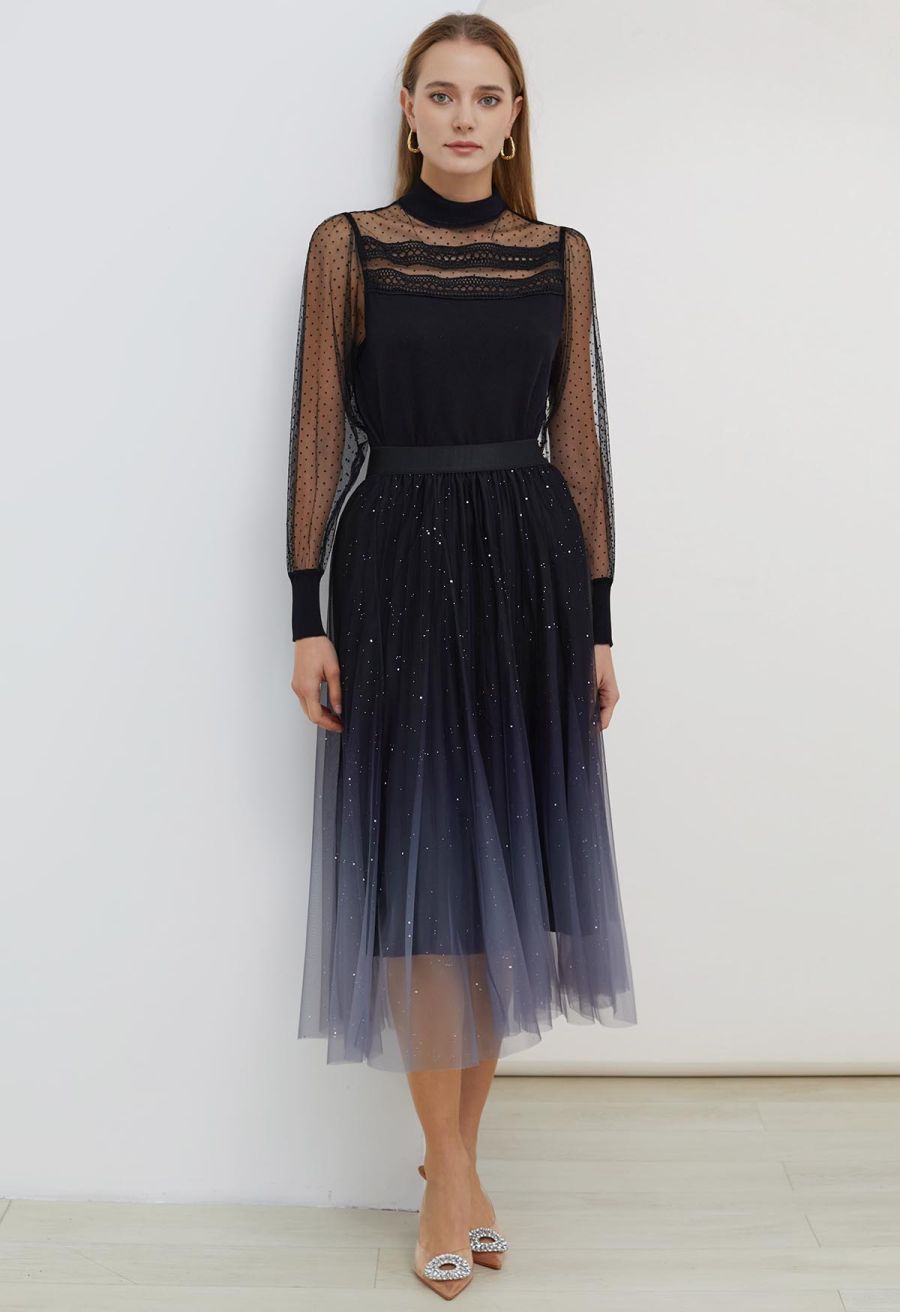 Flock Dots Mesh Spliced Knit Top in Black