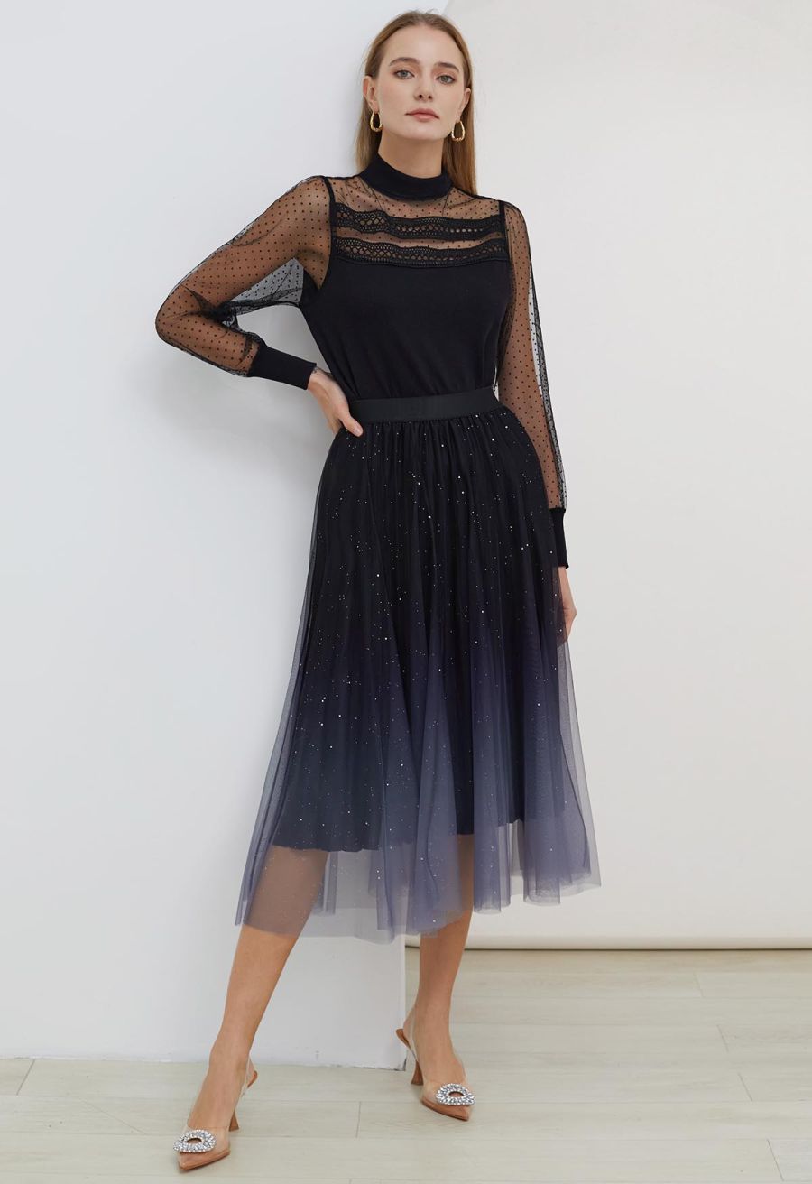 Flock Dots Mesh Spliced Knit Top in Black