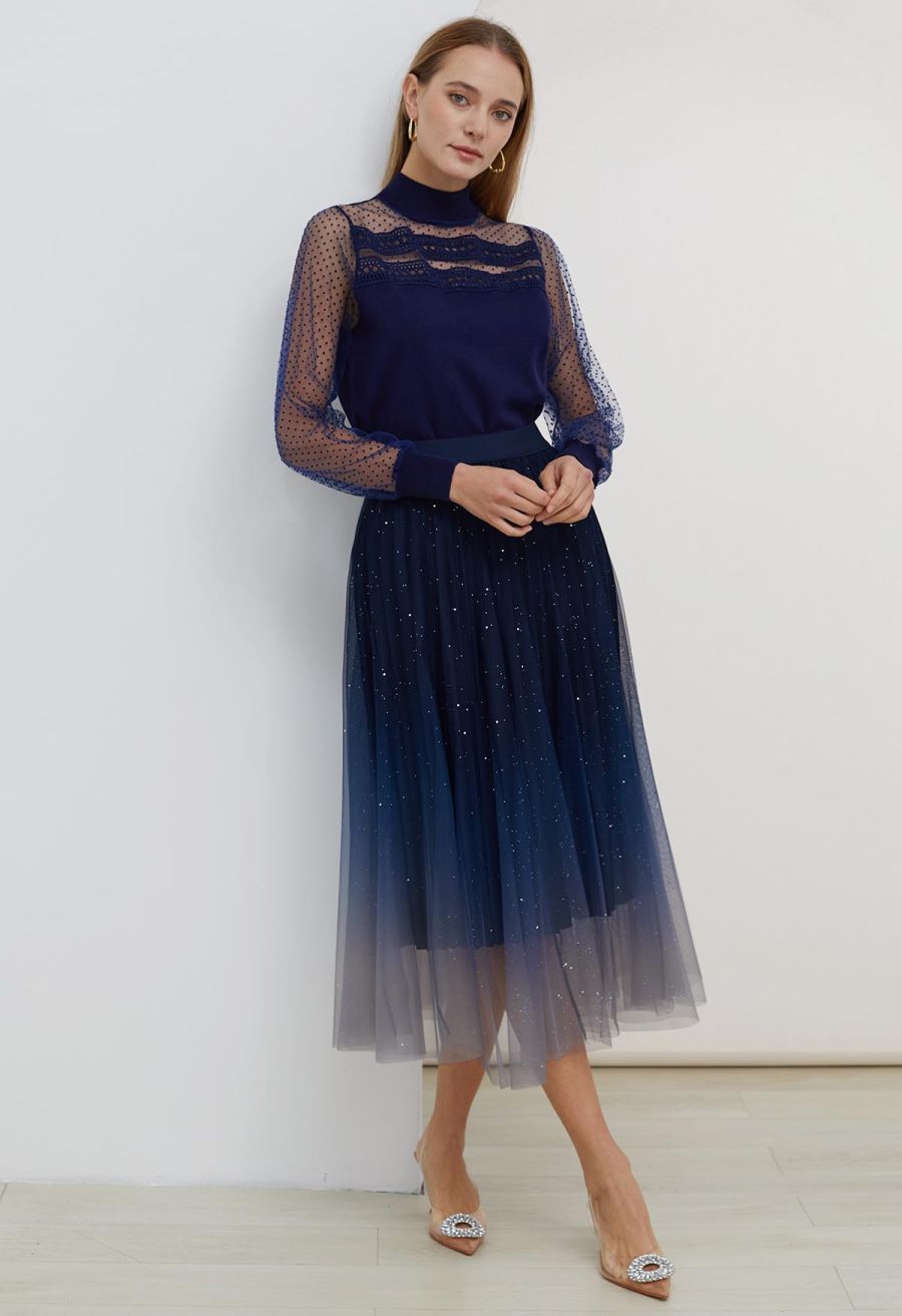 Flock Dots Mesh Spliced Knit Top in Navy