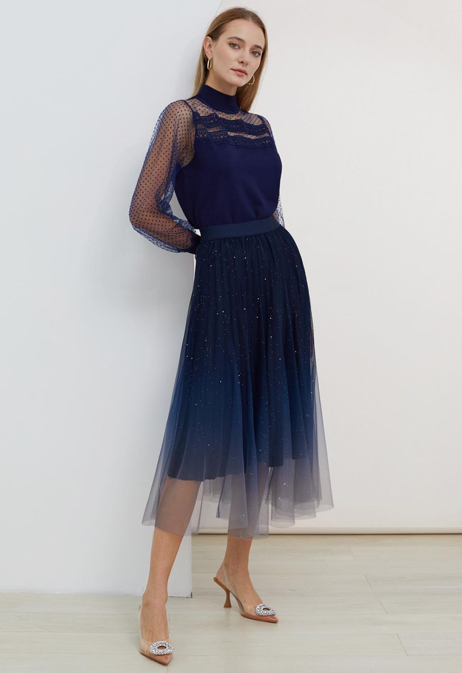 Flock Dots Mesh Spliced Knit Top in Navy