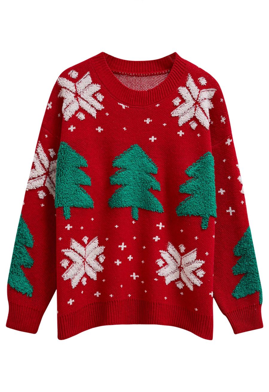 Christmas Tree and Snowflake Jacquard Knit Sweater in Red