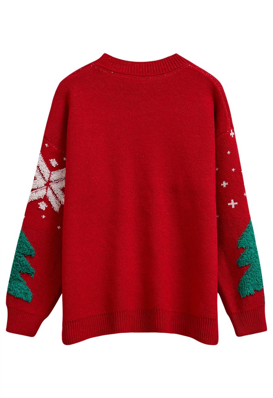 Christmas Tree and Snowflake Jacquard Knit Sweater in Red