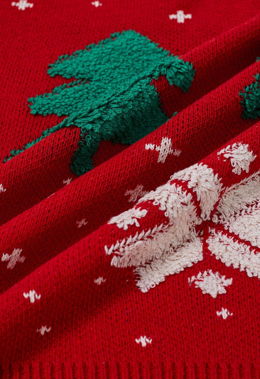 Christmas Tree and Snowflake Jacquard Knit Sweater in Red