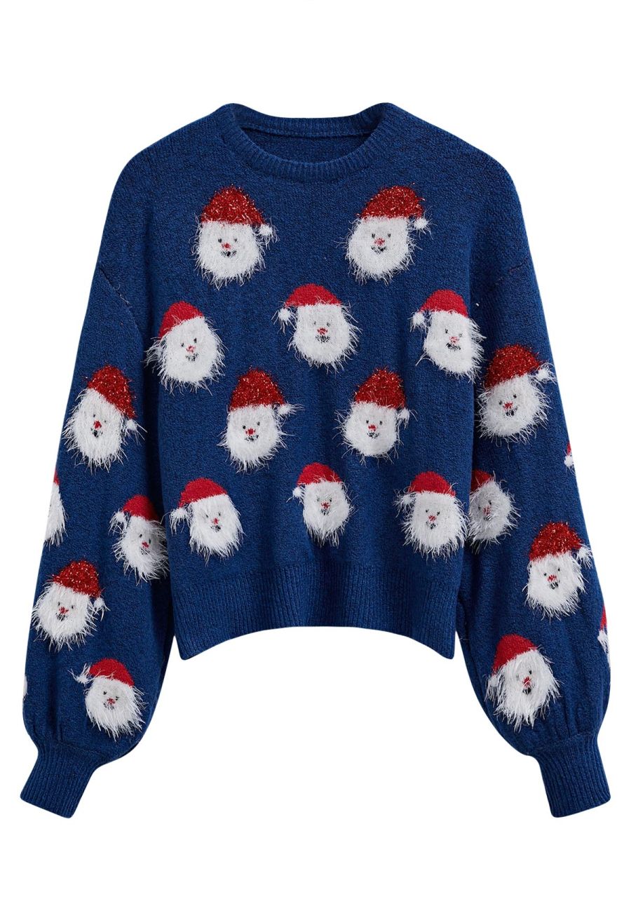 Fuzzy Santa Claus Knit Top in Indigo