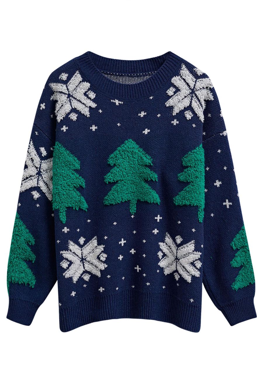 Christmas Tree and Snowflake Jacquard Knit Sweater in Indigo