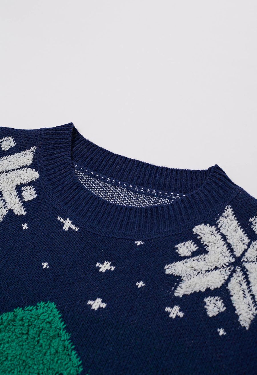 Christmas Tree and Snowflake Jacquard Knit Sweater in Indigo
