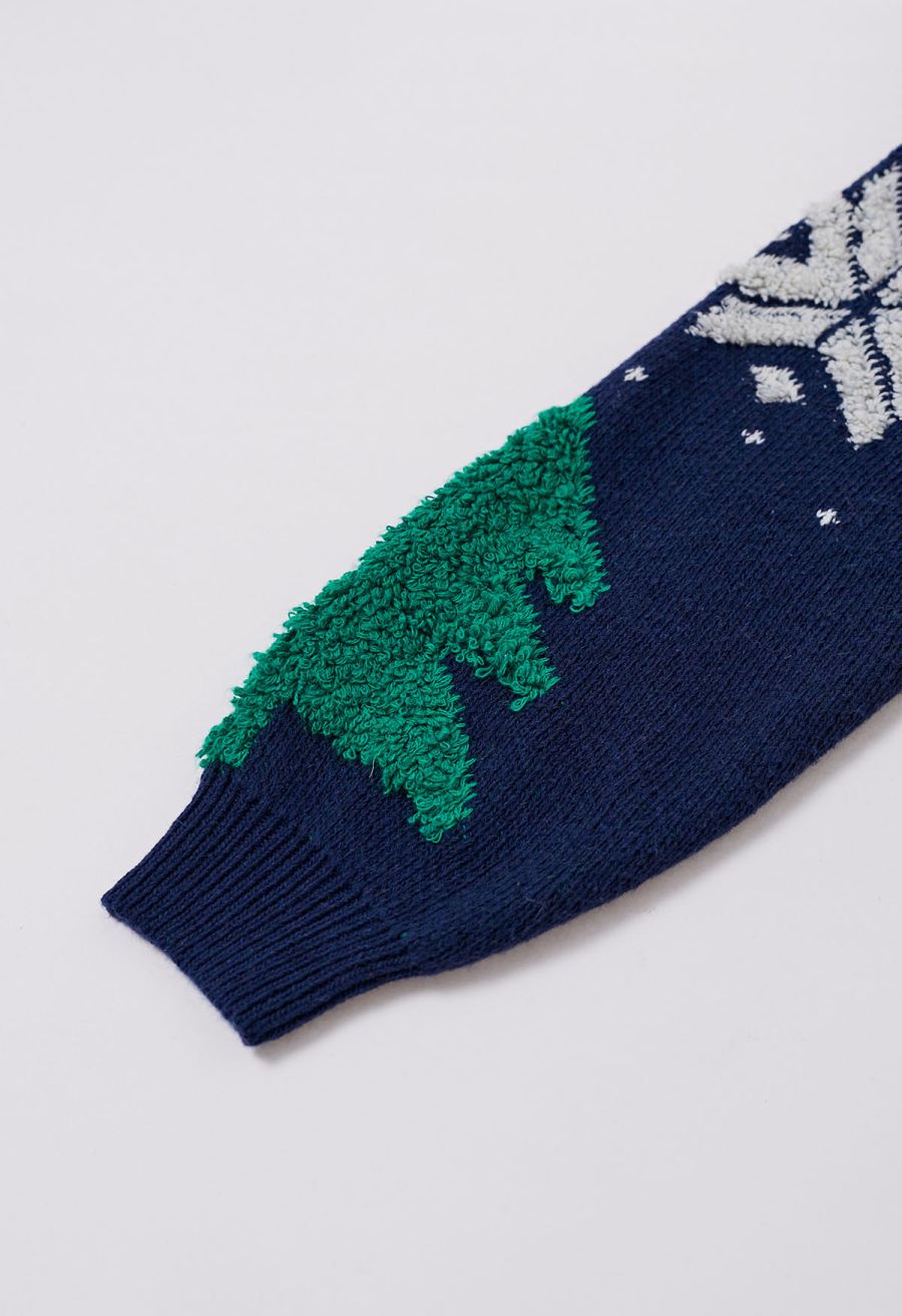 Christmas Tree and Snowflake Jacquard Knit Sweater in Indigo