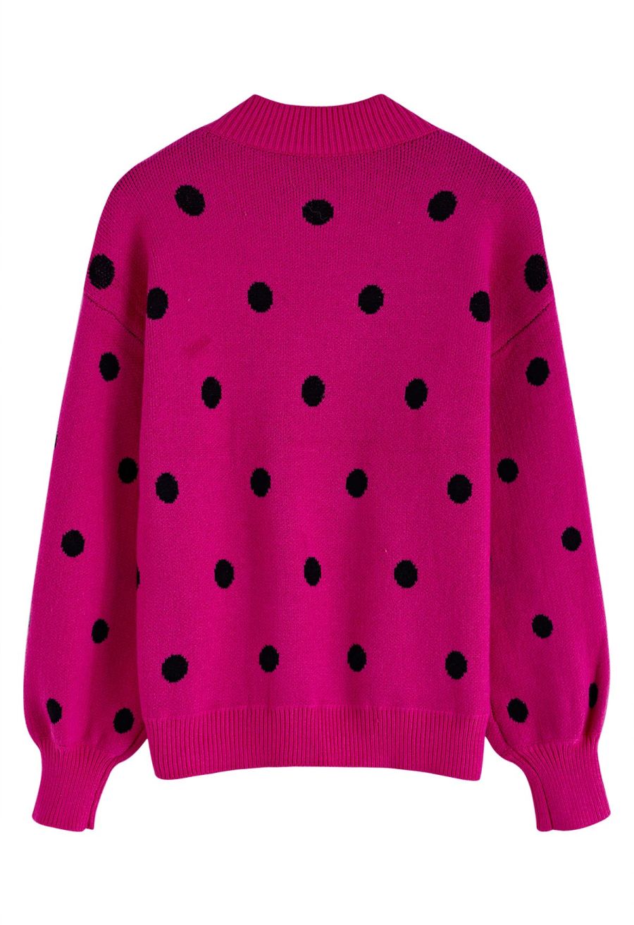 Adorable Polka Dot Mock Neck Knit Sweater in Hot Pink