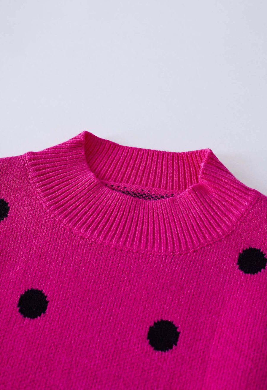 Adorable Polka Dot Mock Neck Knit Sweater in Hot Pink