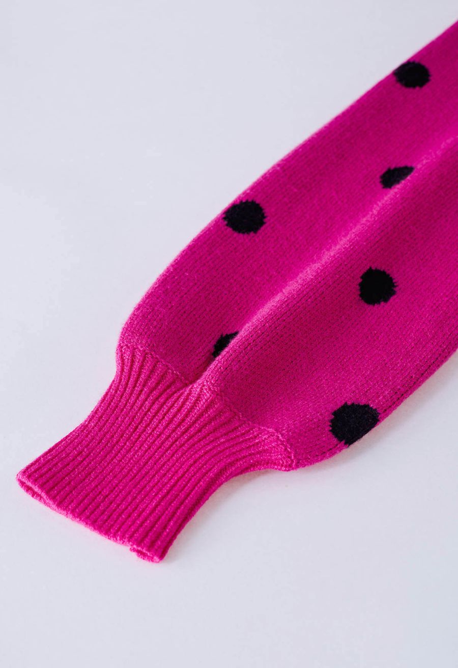 Adorable Polka Dot Mock Neck Knit Sweater in Hot Pink
