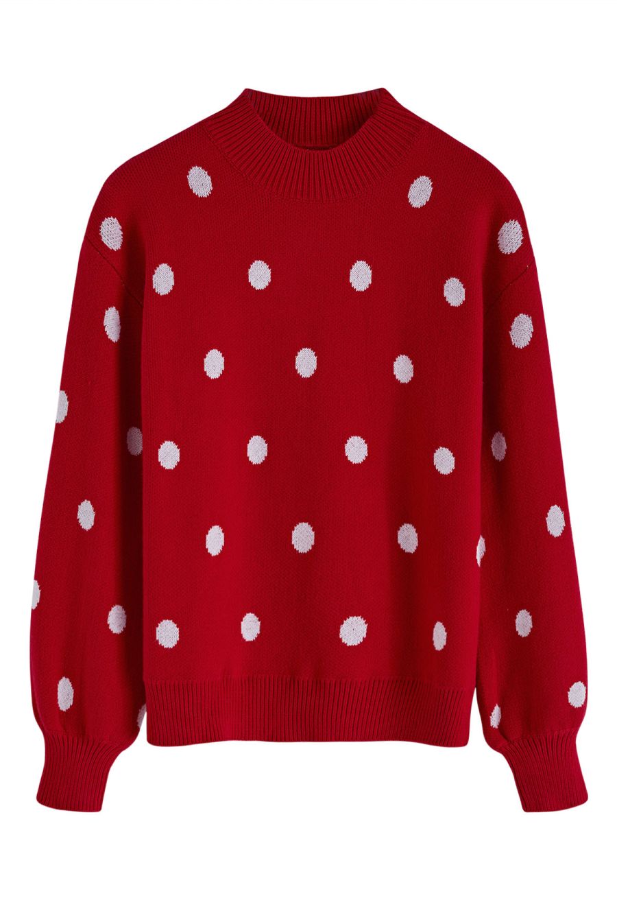Adorable Polka Dot Mock Neck Knit Sweater in Red