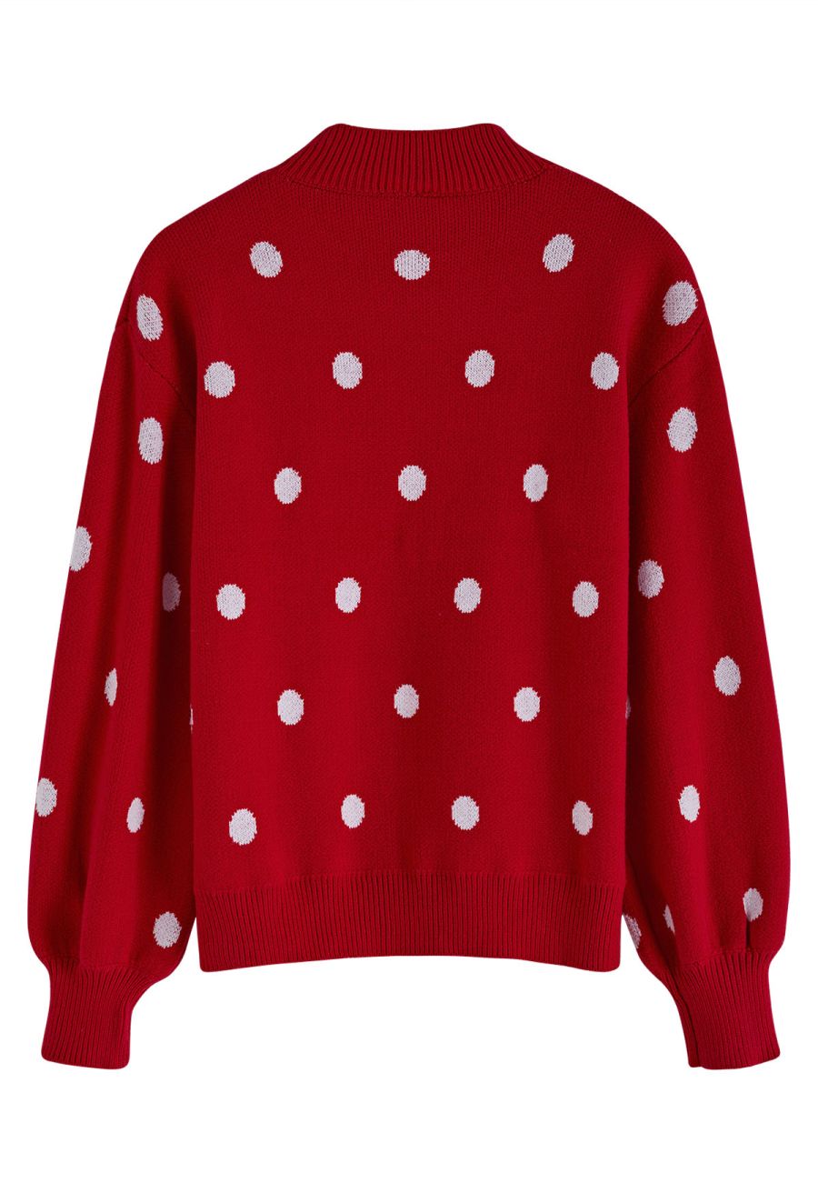 Adorable Polka Dot Mock Neck Knit Sweater in Red