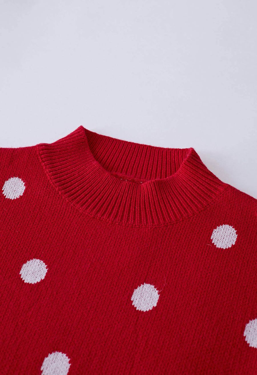 Adorable Polka Dot Mock Neck Knit Sweater in Red