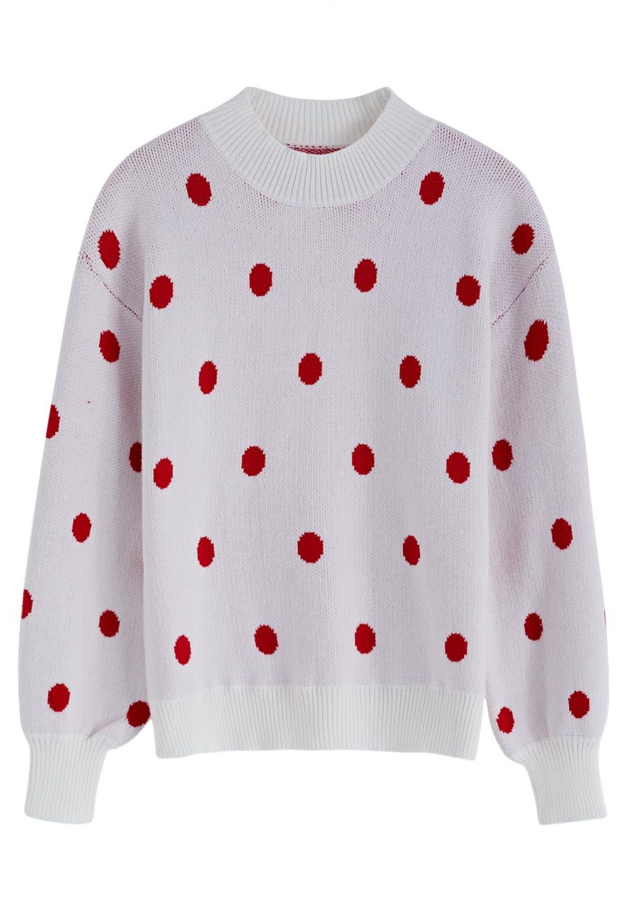 Adorable Polka Dot Mock Neck Knit Sweater in White