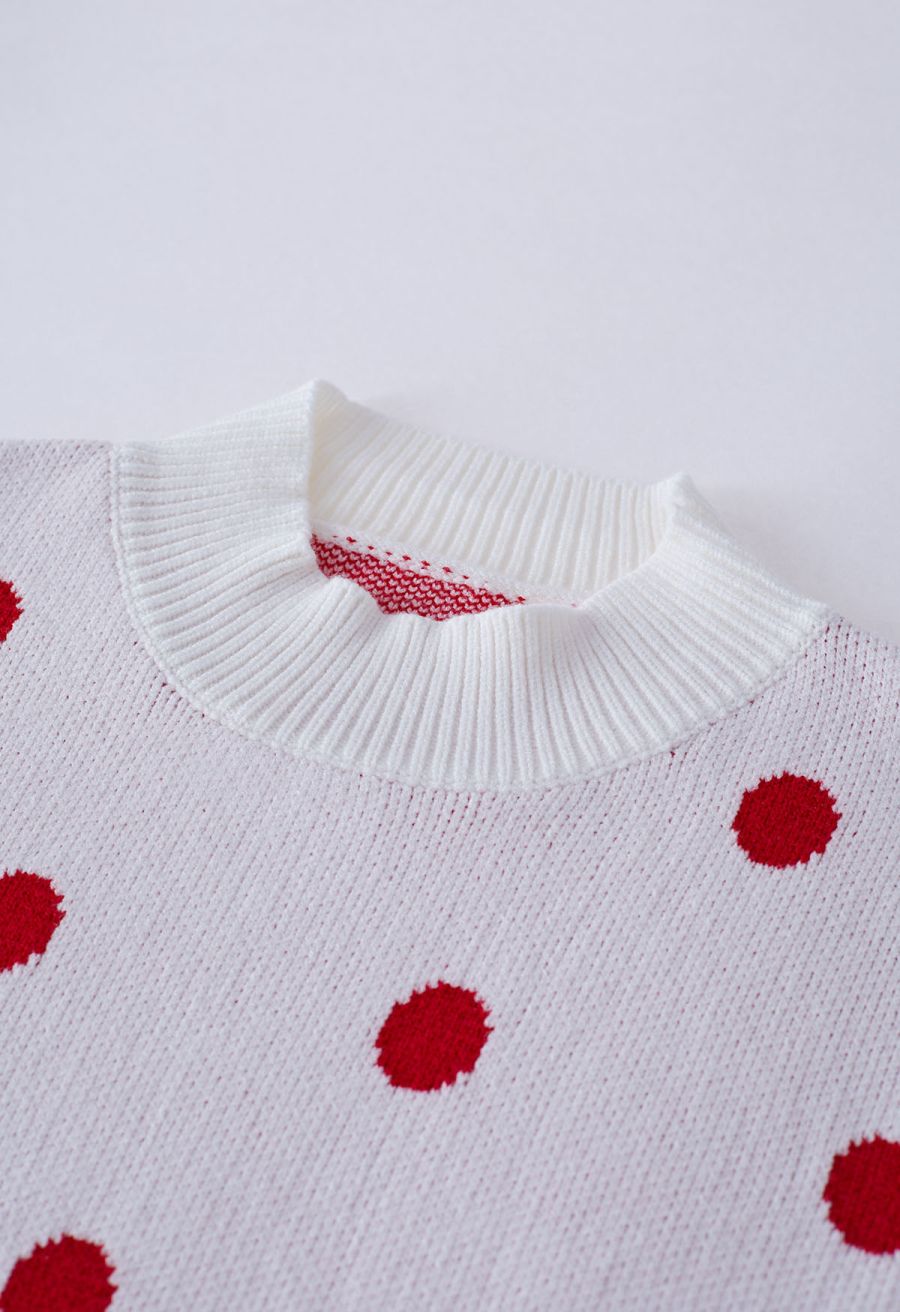 Adorable Polka Dot Mock Neck Knit Sweater in White