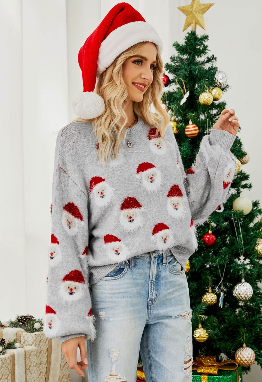 Fuzzy Santa Claus Knit Top in Grey