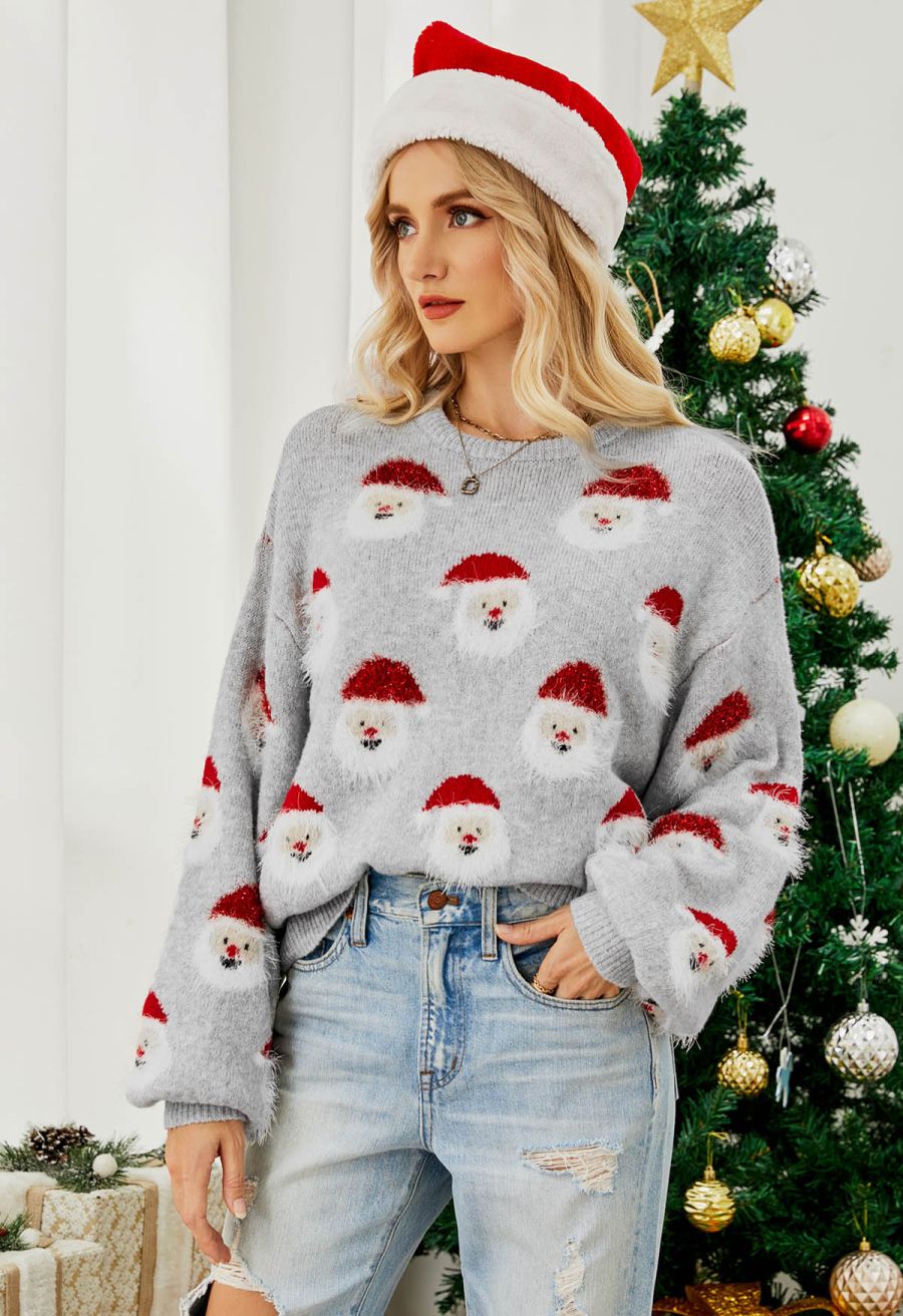 Fuzzy Santa Claus Knit Top in Grey