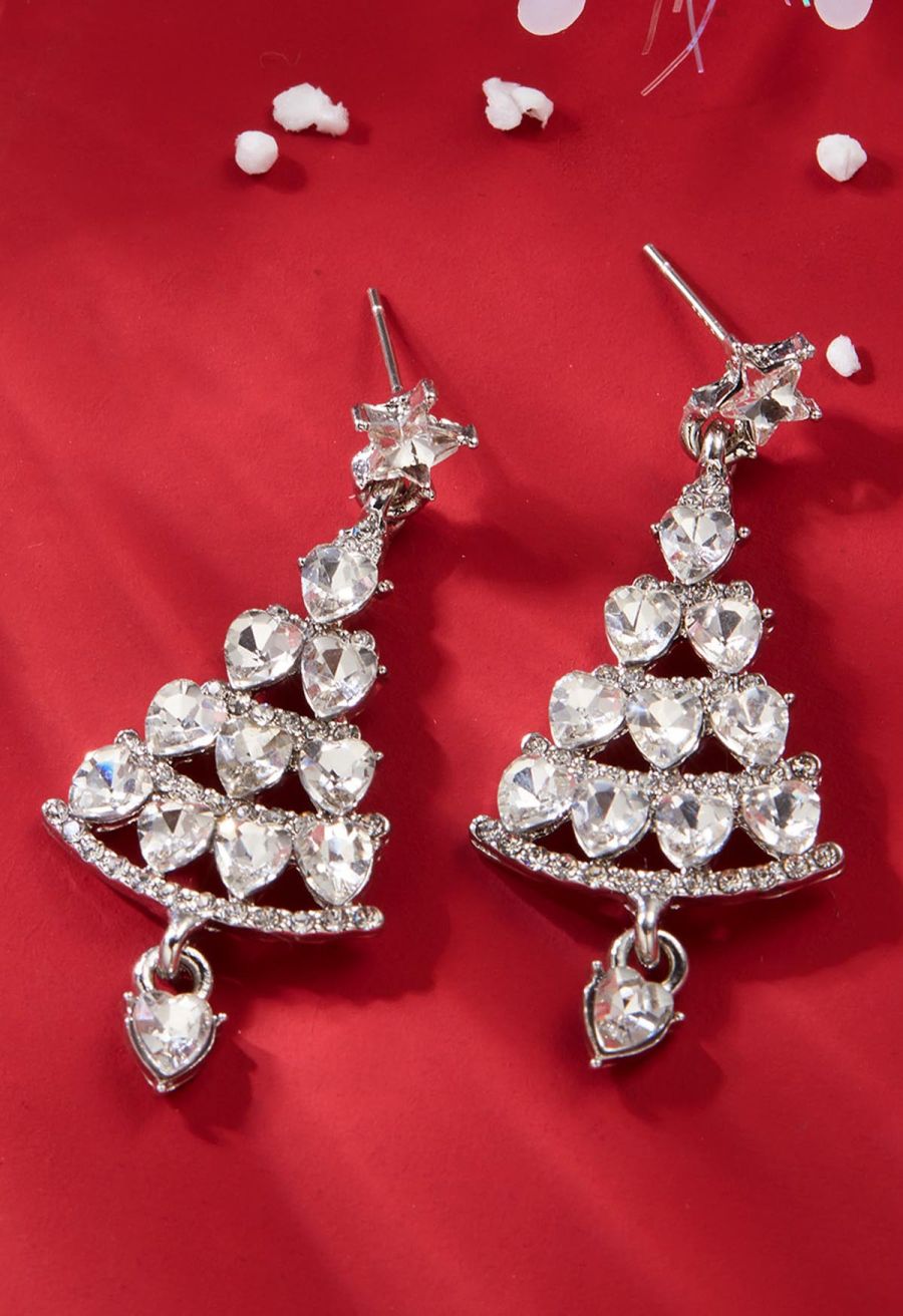 Full Rhinestone Christmas Tree Earrings in Silver