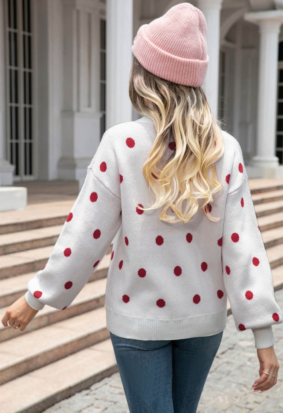 Adorable Polka Dot Mock Neck Knit Sweater in White