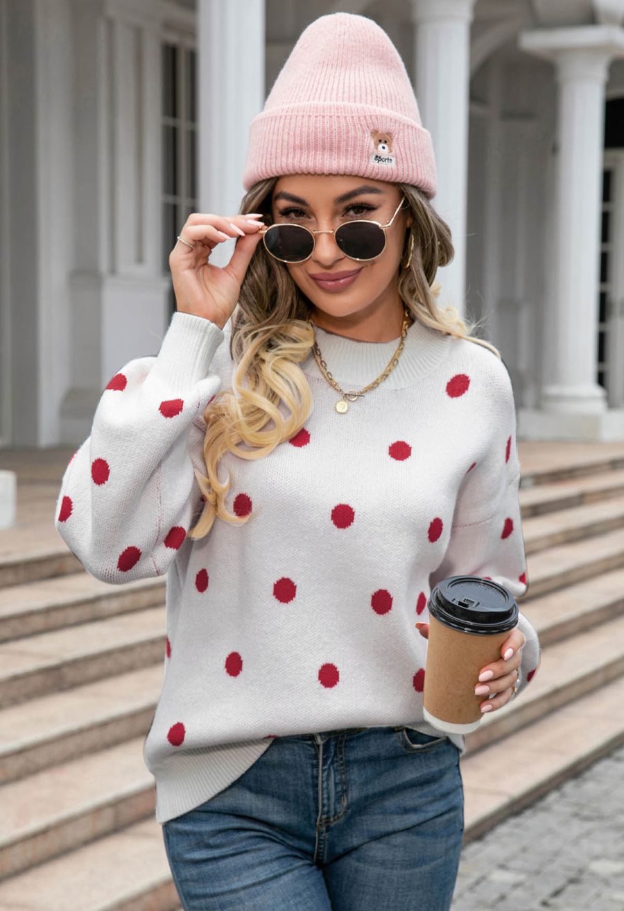 Adorable Polka Dot Mock Neck Knit Sweater in White