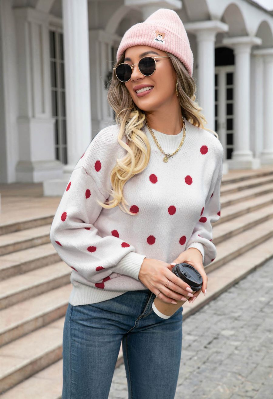 Adorable Polka Dot Mock Neck Knit Sweater in White