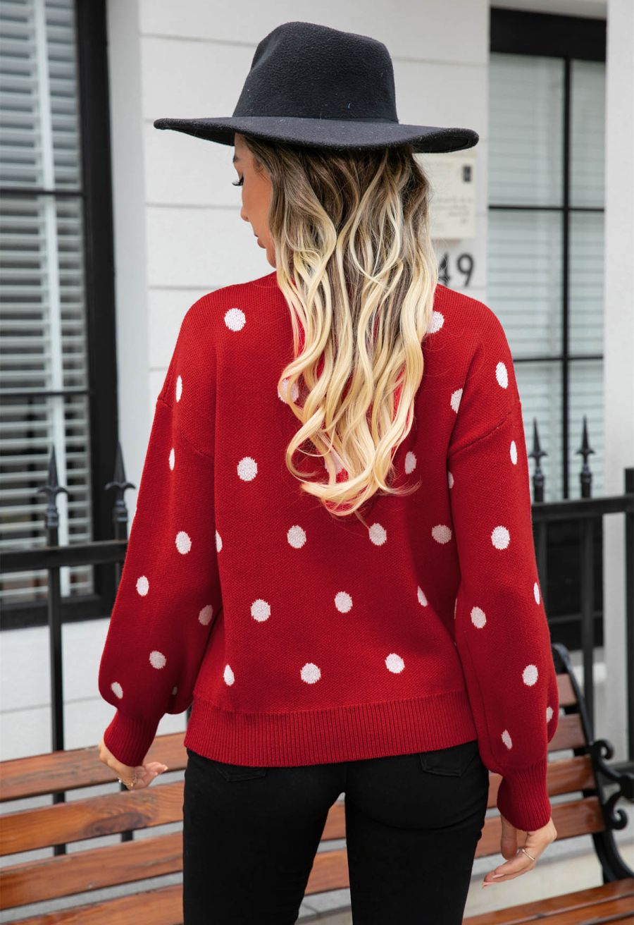 Adorable Polka Dot Mock Neck Knit Sweater in Red