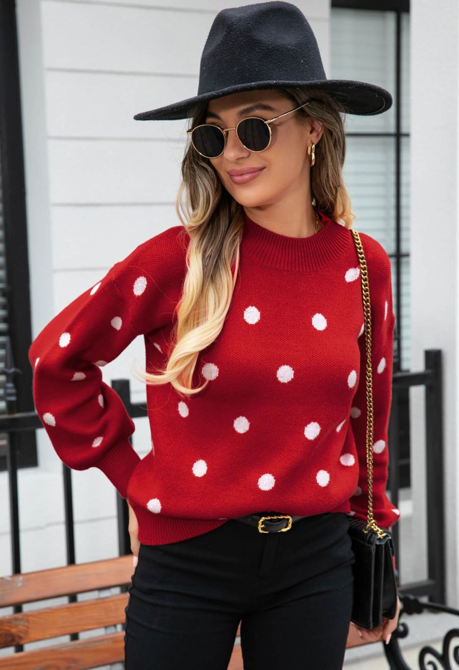 Adorable Polka Dot Mock Neck Knit Sweater in Red