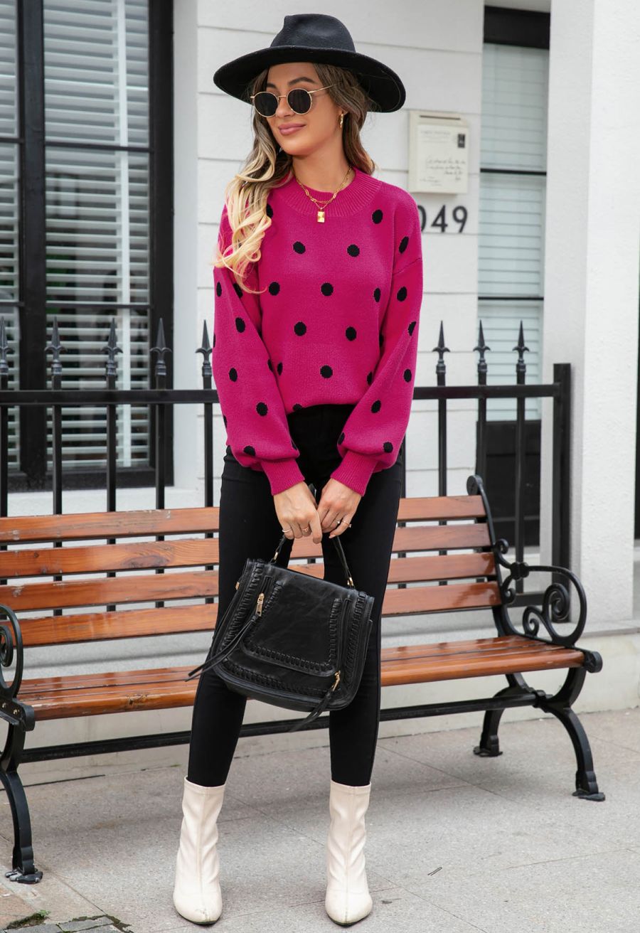 Adorable Polka Dot Mock Neck Knit Sweater in Hot Pink