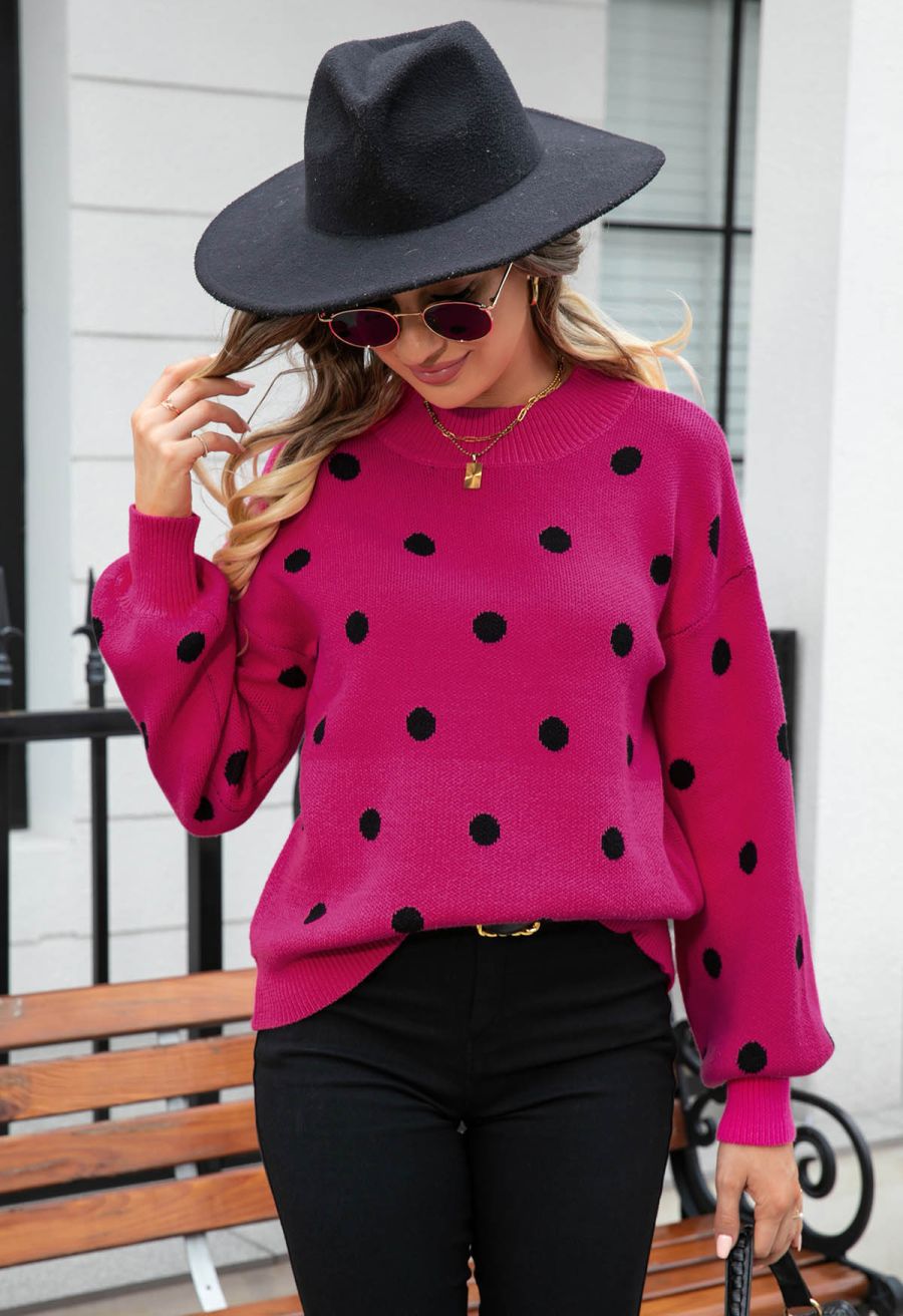 Adorable Polka Dot Mock Neck Knit Sweater in Hot Pink