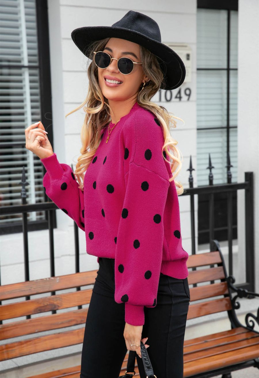 Adorable Polka Dot Mock Neck Knit Sweater in Hot Pink
