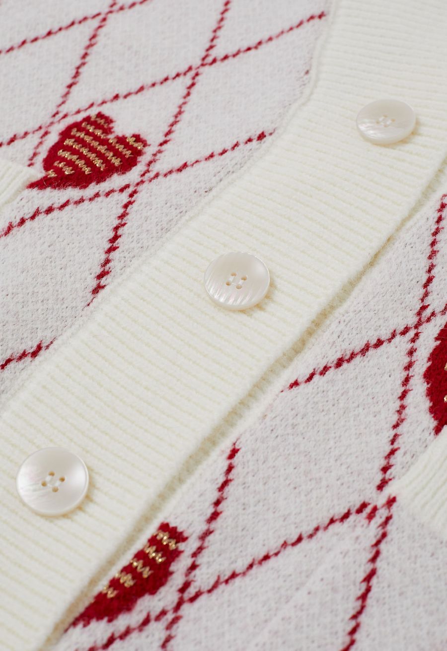 Diamond-Shape Heart Pattern Button-Up Cardigan in White