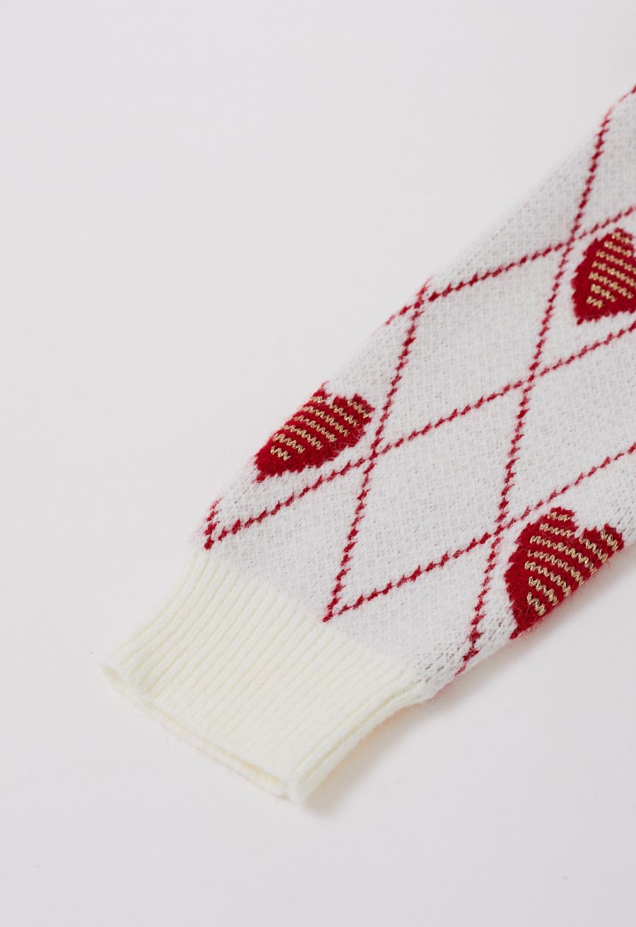 Diamond-Shape Heart Pattern Button-Up Cardigan in White