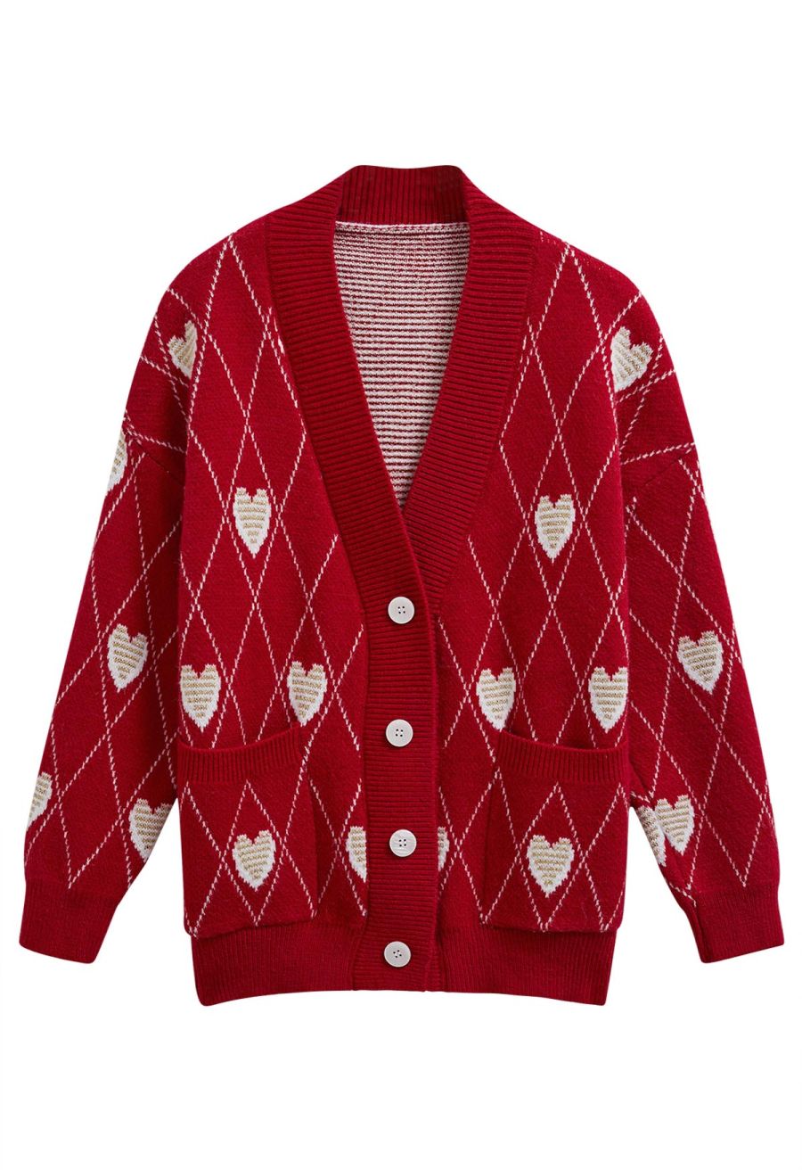 Diamond-Shape Heart Pattern Button-Up Cardigan in Red