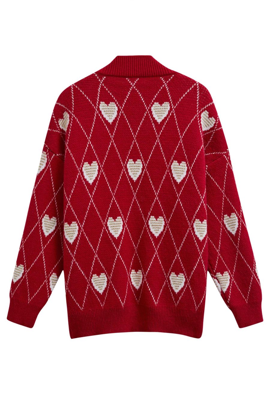 Diamond-Shape Heart Pattern Button-Up Cardigan in Red