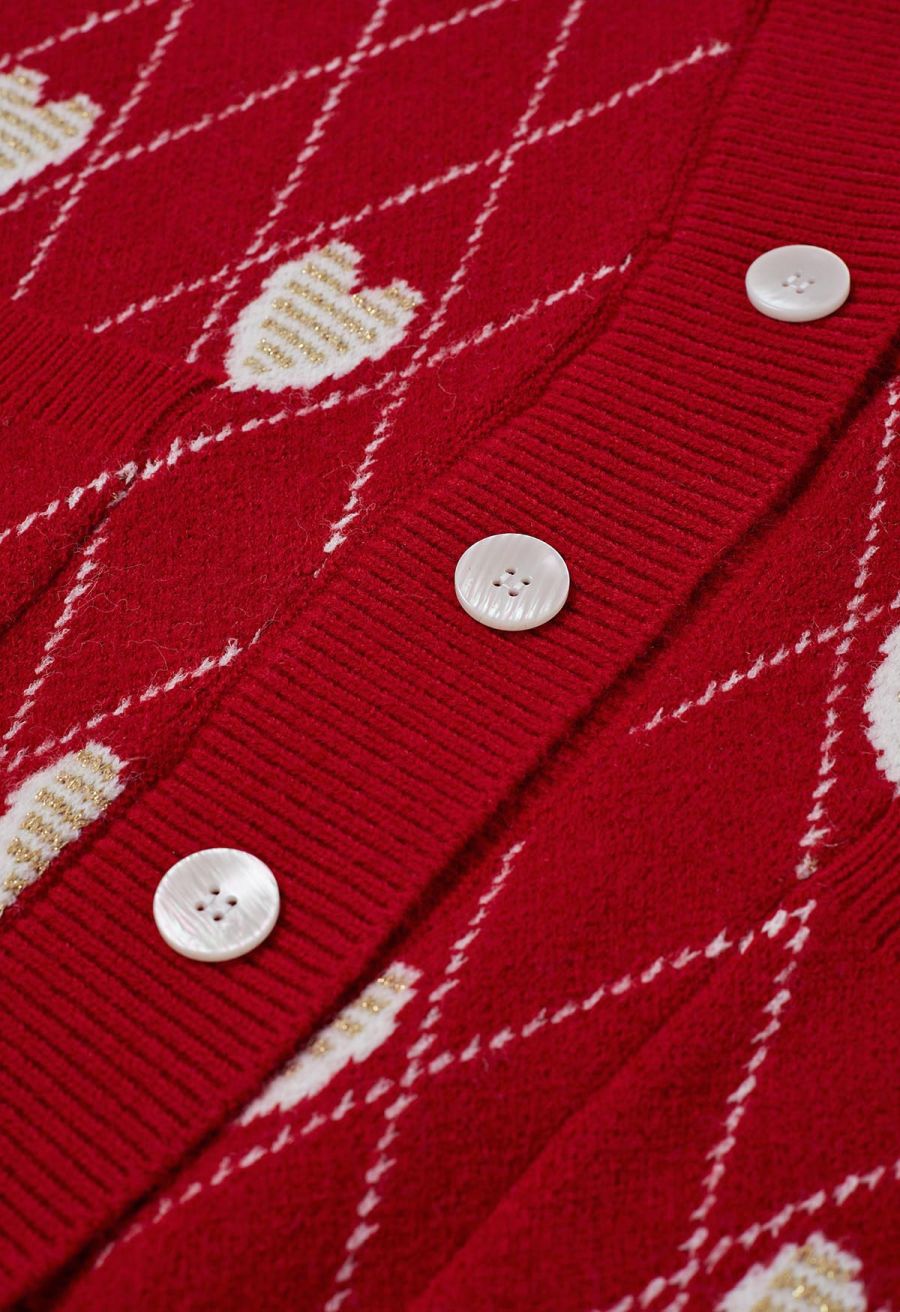 Diamond-Shape Heart Pattern Button-Up Cardigan in Red