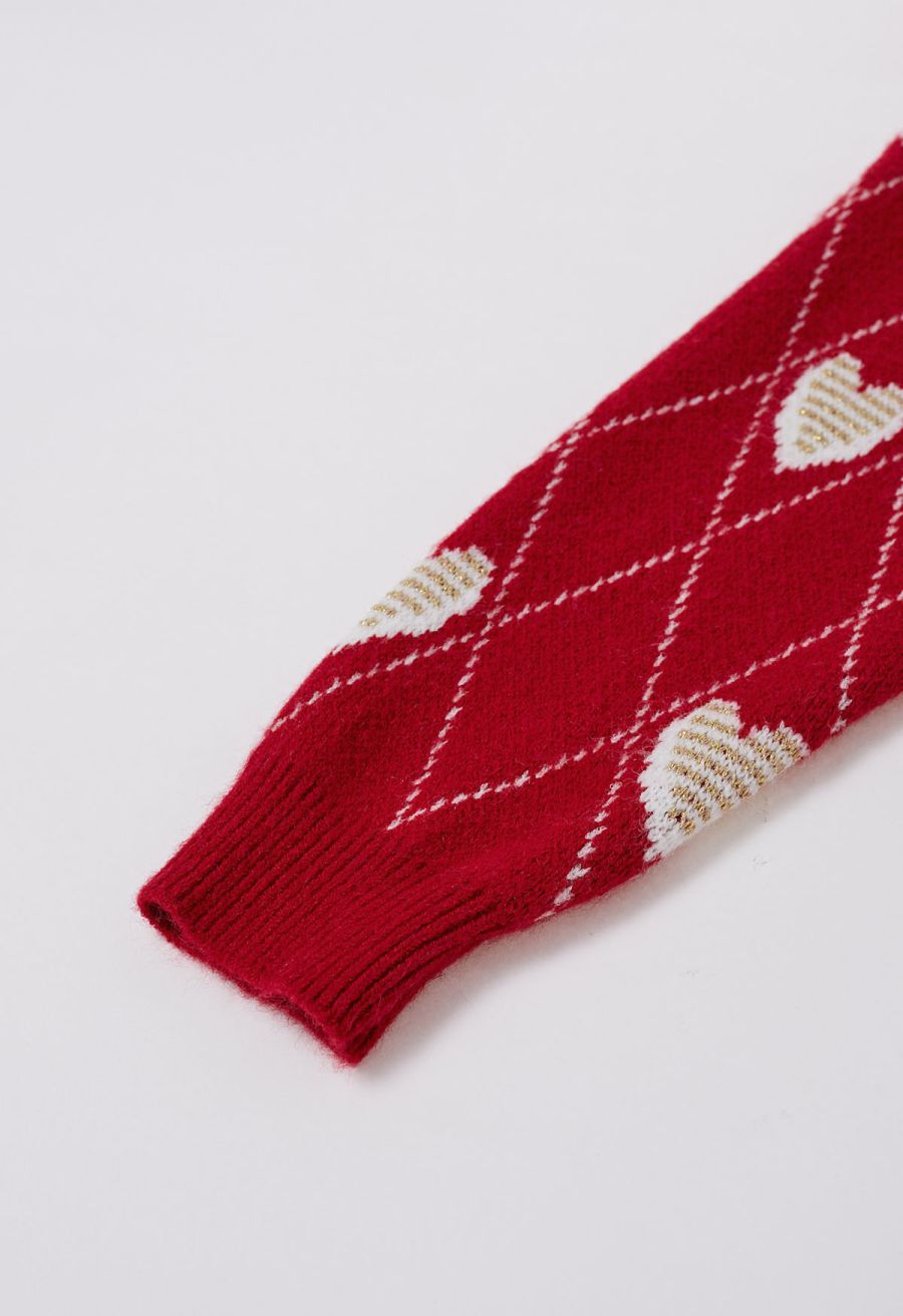 Diamond-Shape Heart Pattern Button-Up Cardigan in Red