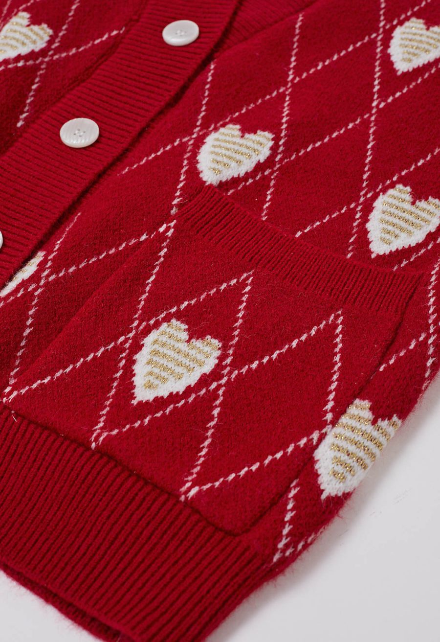 Diamond-Shape Heart Pattern Button-Up Cardigan in Red