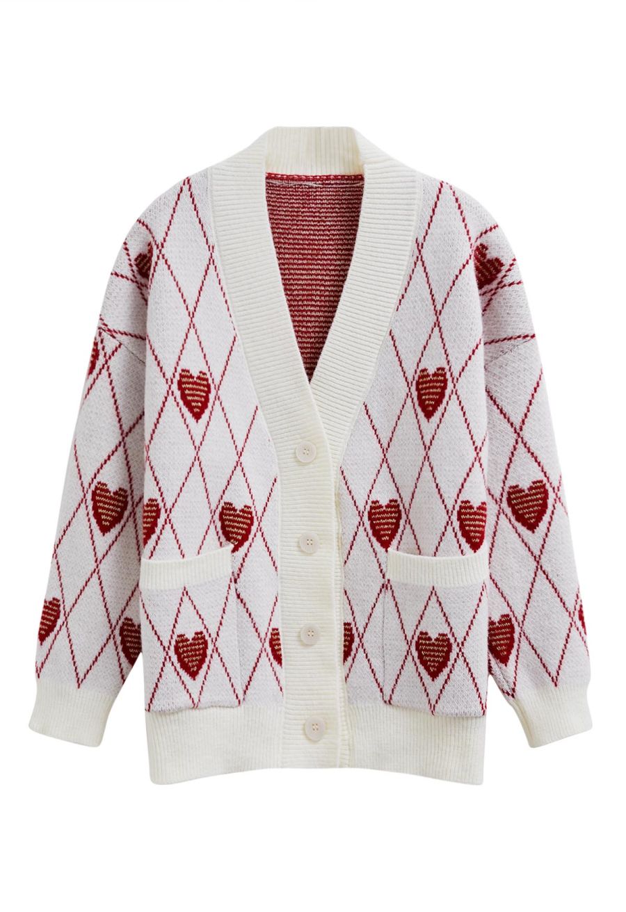 Diamond-Shape Heart Pattern Button-Up Cardigan in White