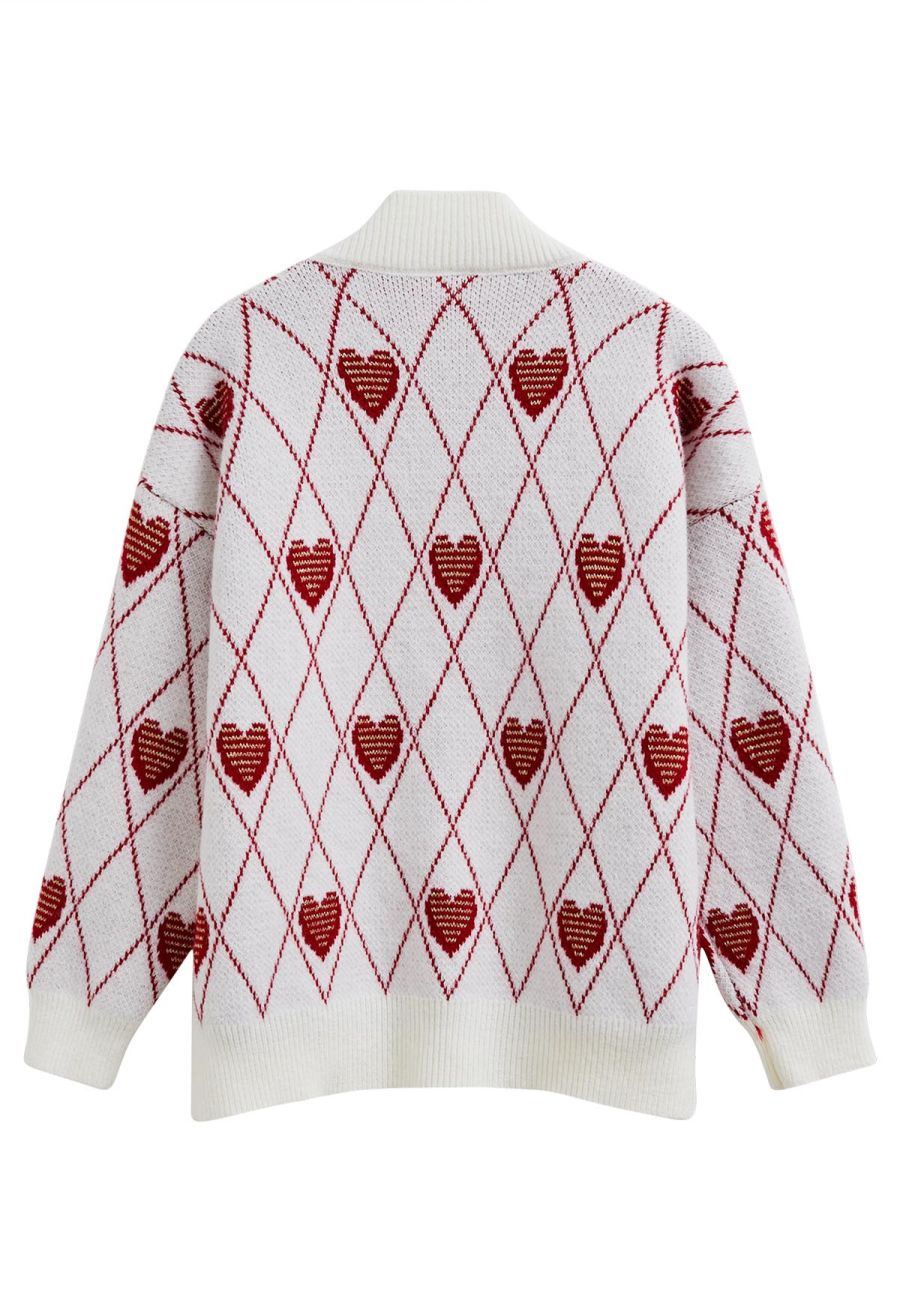 Diamond-Shape Heart Pattern Button-Up Cardigan in White