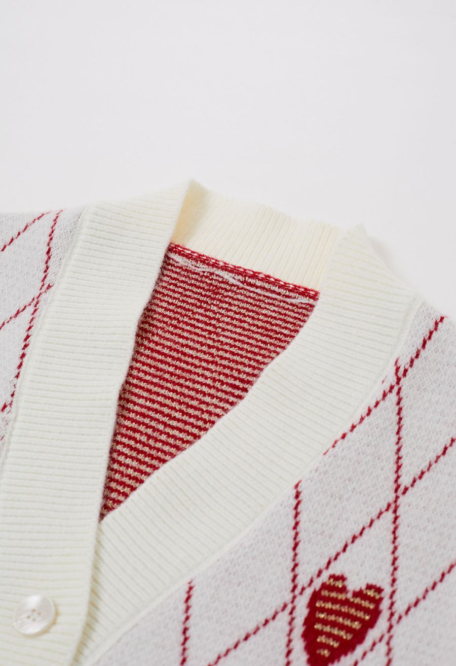 Diamond-Shape Heart Pattern Button-Up Cardigan in White