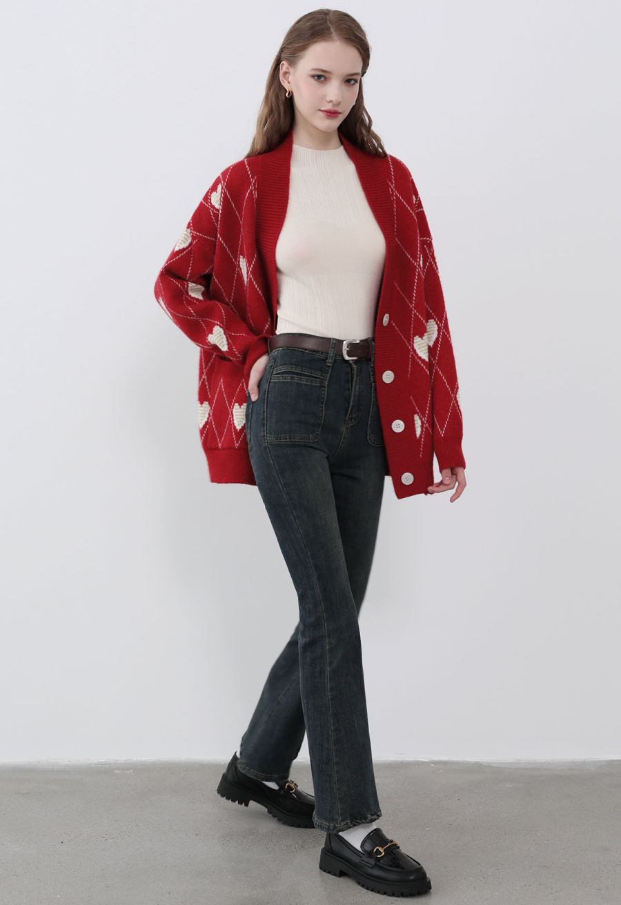Diamond-Shape Heart Pattern Button-Up Cardigan in Red