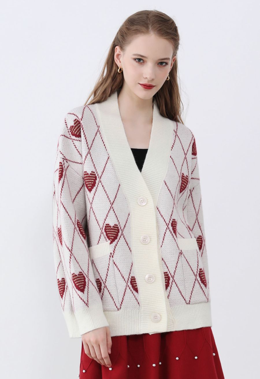 Diamond-Shape Heart Pattern Button-Up Cardigan in White