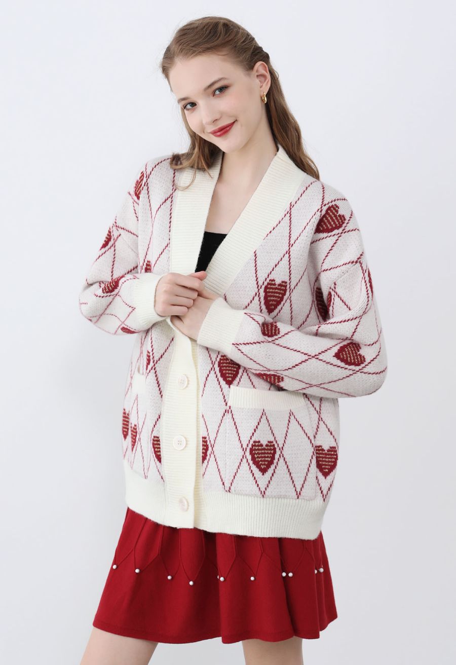 Diamond-Shape Heart Pattern Button-Up Cardigan in White