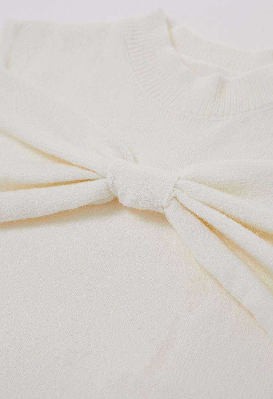 Bowknot Cold-Shoulder Knit Sweater in Cream