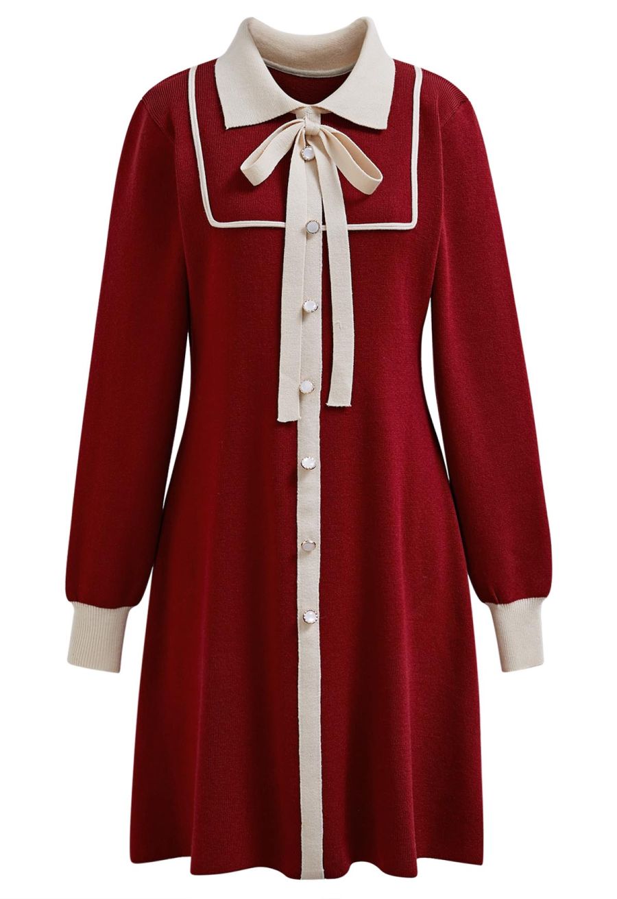 Contrast Edge Polo Knit Dress in Red