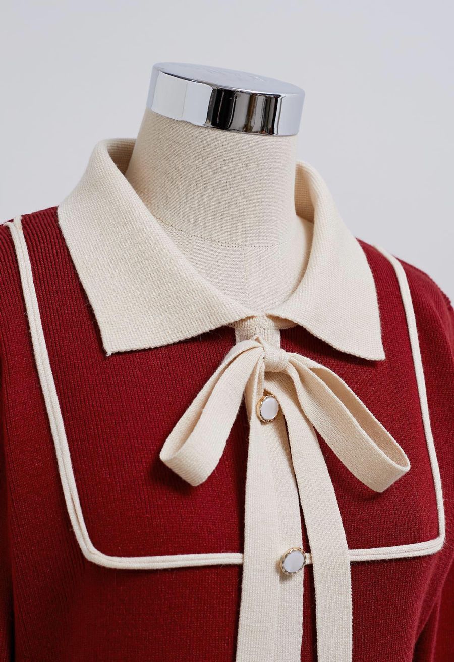 Contrast Edge Polo Knit Dress in Red
