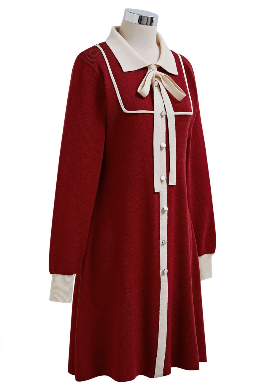 Contrast Edge Polo Knit Dress in Red